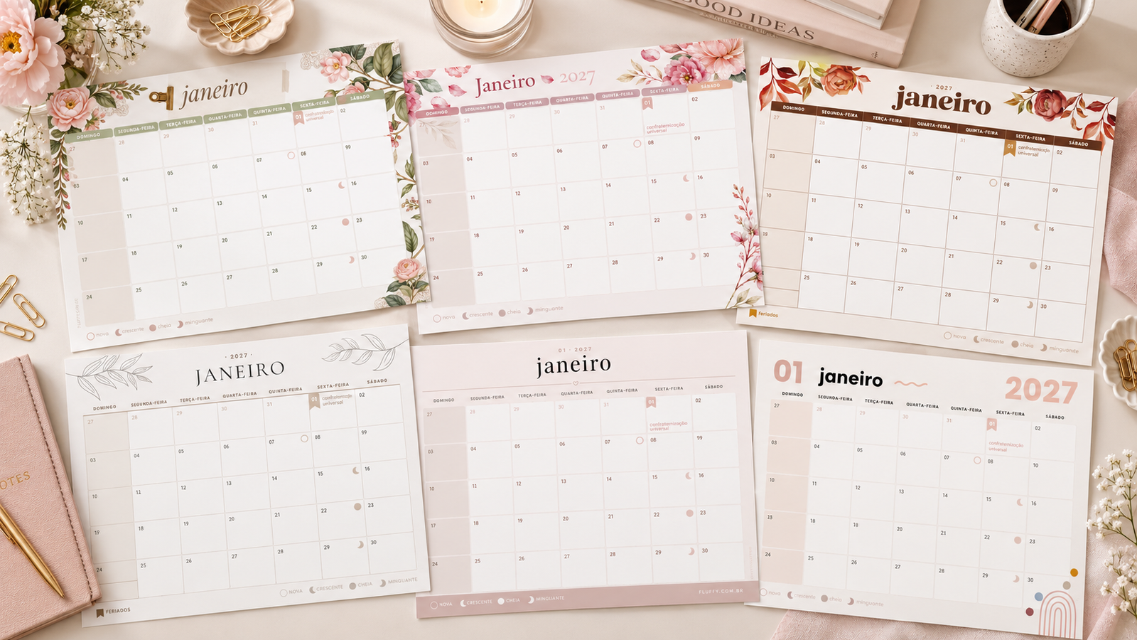 Coleção de calendários 2027 para imprimir do Fluffy
