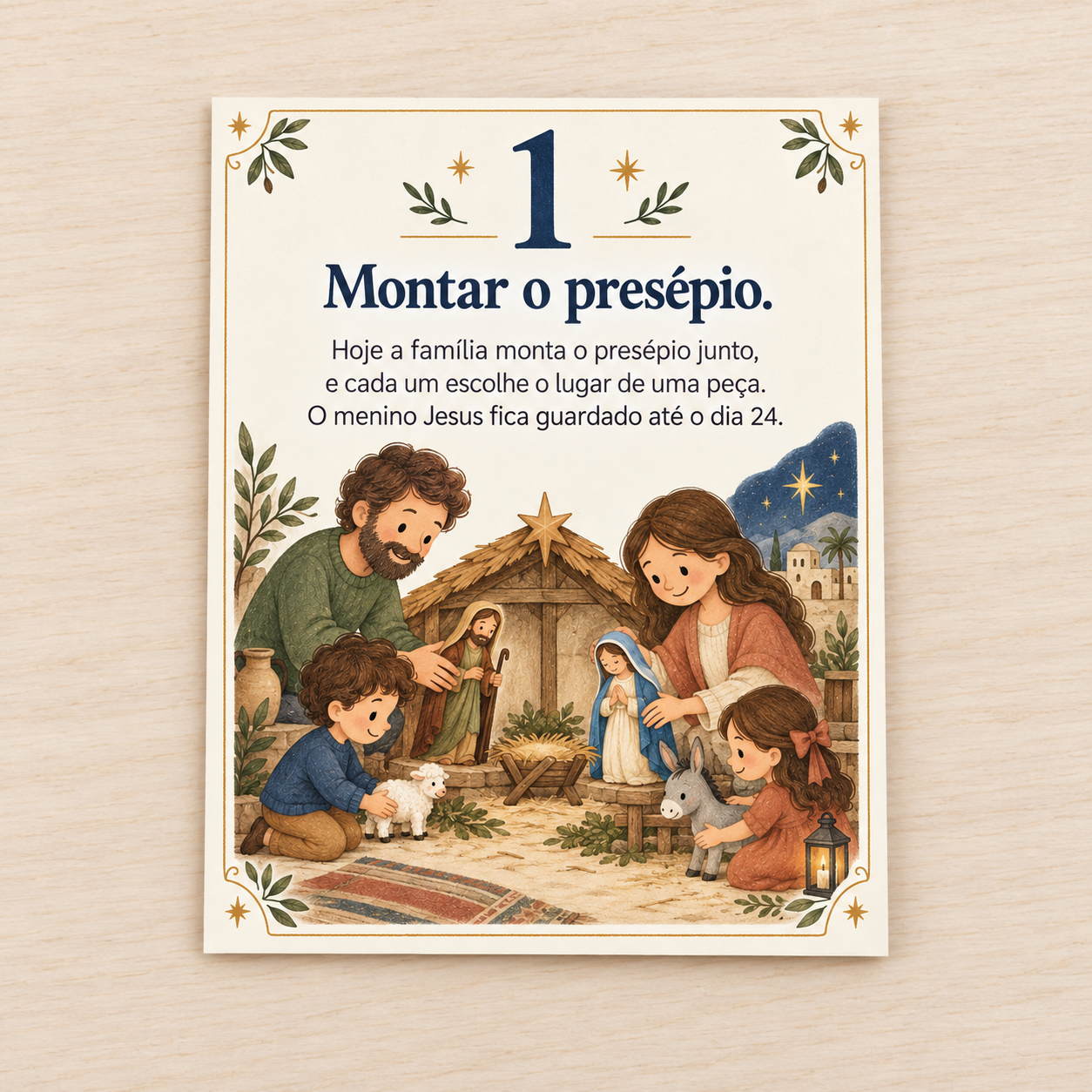 Cartão de missão do dia 1: montar o presépio